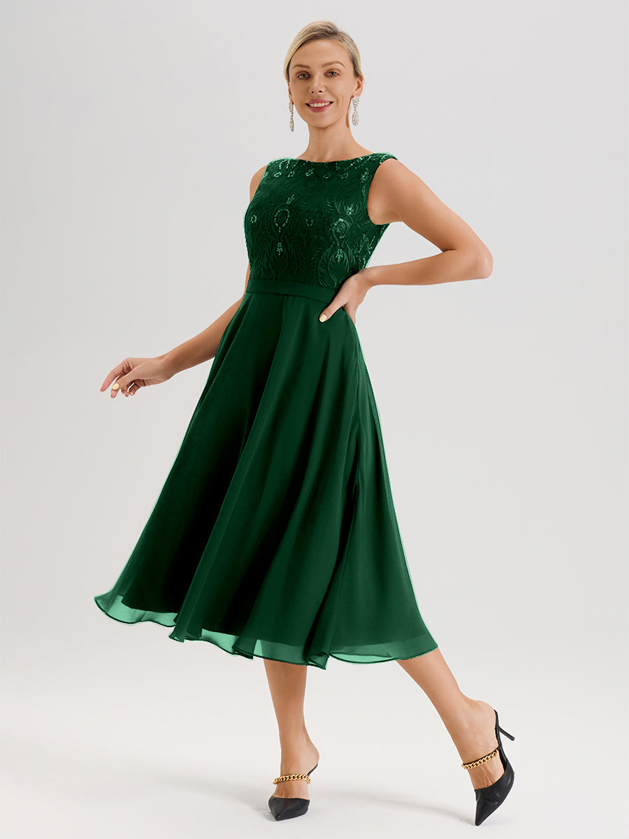 Cicinia Robe Deux-Pièces Mère De La Mariée Vert Foncé Trapèze Mousseline Dentelle Col Rond Manche 3/4 Longueur Mi-Mollet