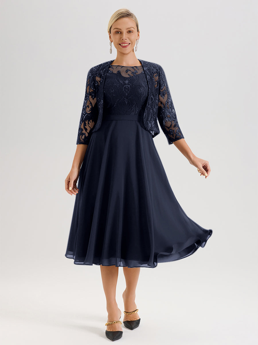 Cicinia Robe Deux-Pièces Mère De La Mariée Bleu Marine Trapèze Mousseline Dentelle Col Rond Manche 3/4 Longueur Mi-Mollet