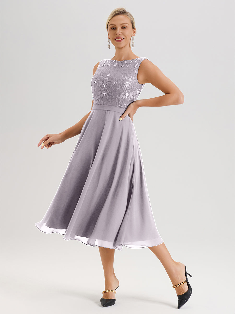 Cicinia Robe Deux-Pièces Mère De La Mariée Crépuscule Trapèze Mousseline Dentelle Col Rond Manche 3/4 Longueur Mi-Mollet