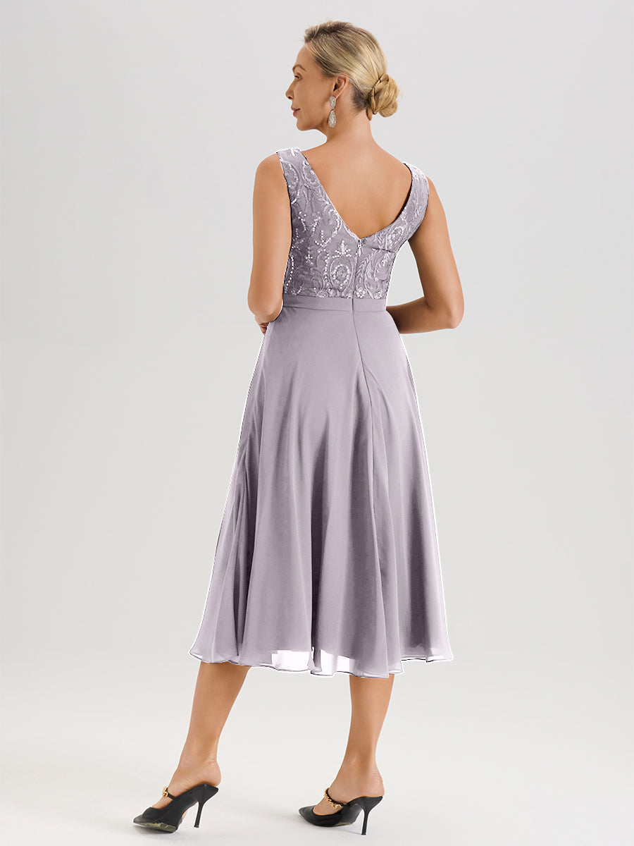 Cicinia Robe Deux-Pièces Mère De La Mariée Crépuscule Trapèze Mousseline Dentelle Col Rond Manche 3/4 Longueur Mi-Mollet
