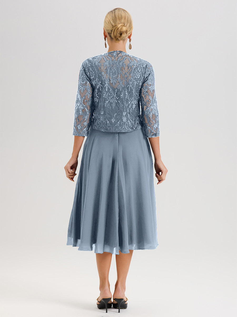 Cicinia Robe Deux-Pièces Mère De La Mariée Bleu Poussiéreux Trapèze Mousseline Dentelle Col Rond Manche 3/4 Longueur Mi-Mollet