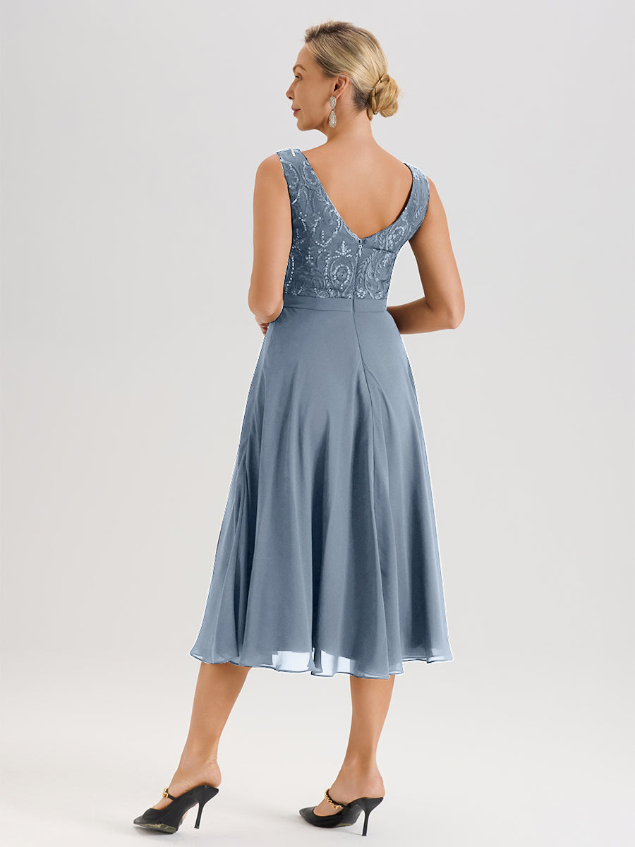 Cicinia Robe Deux-Pièces Mère De La Mariée Bleu Poussiéreux Trapèze Mousseline Dentelle Col Rond Manche 3/4 Longueur Mi-Mollet