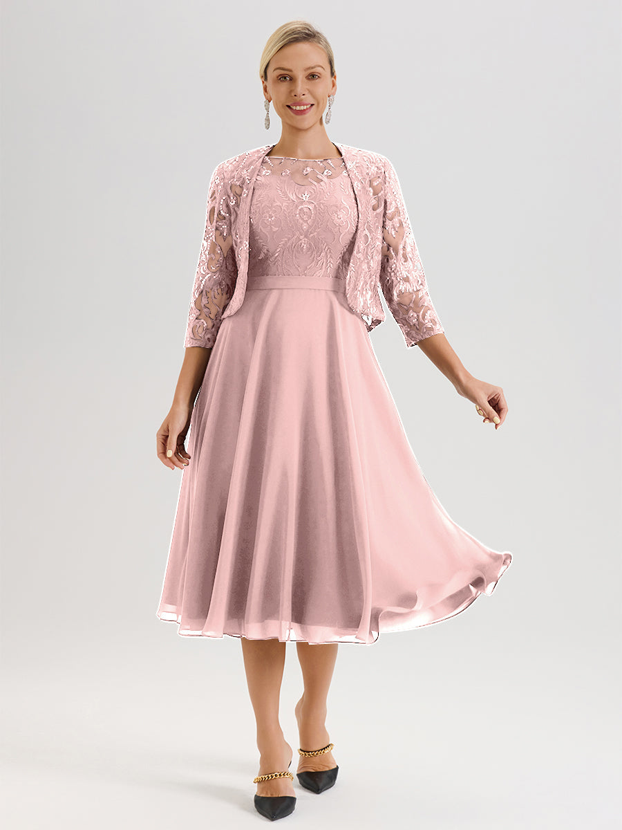 Cicinia Robe Deux-Pièces Mère De La Mariée Rose Poudrée Trapèze Mousseline Dentelle Col Rond Manche 3/4 Longueur Mi-Mollet