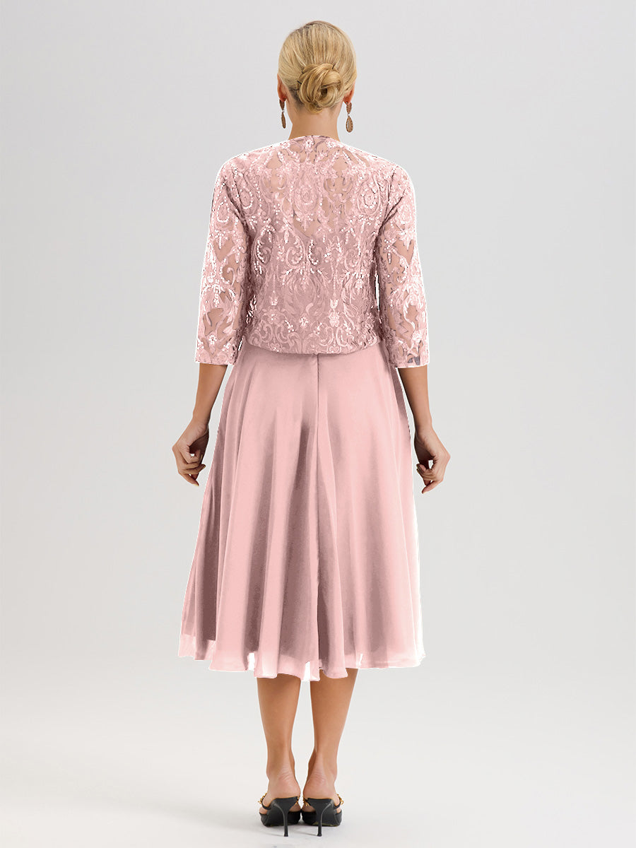 Cicinia Robe Deux-Pièces Mère De La Mariée Rose Poudrée Trapèze Mousseline Dentelle Col Rond Manche 3/4 Longueur Mi-Mollet