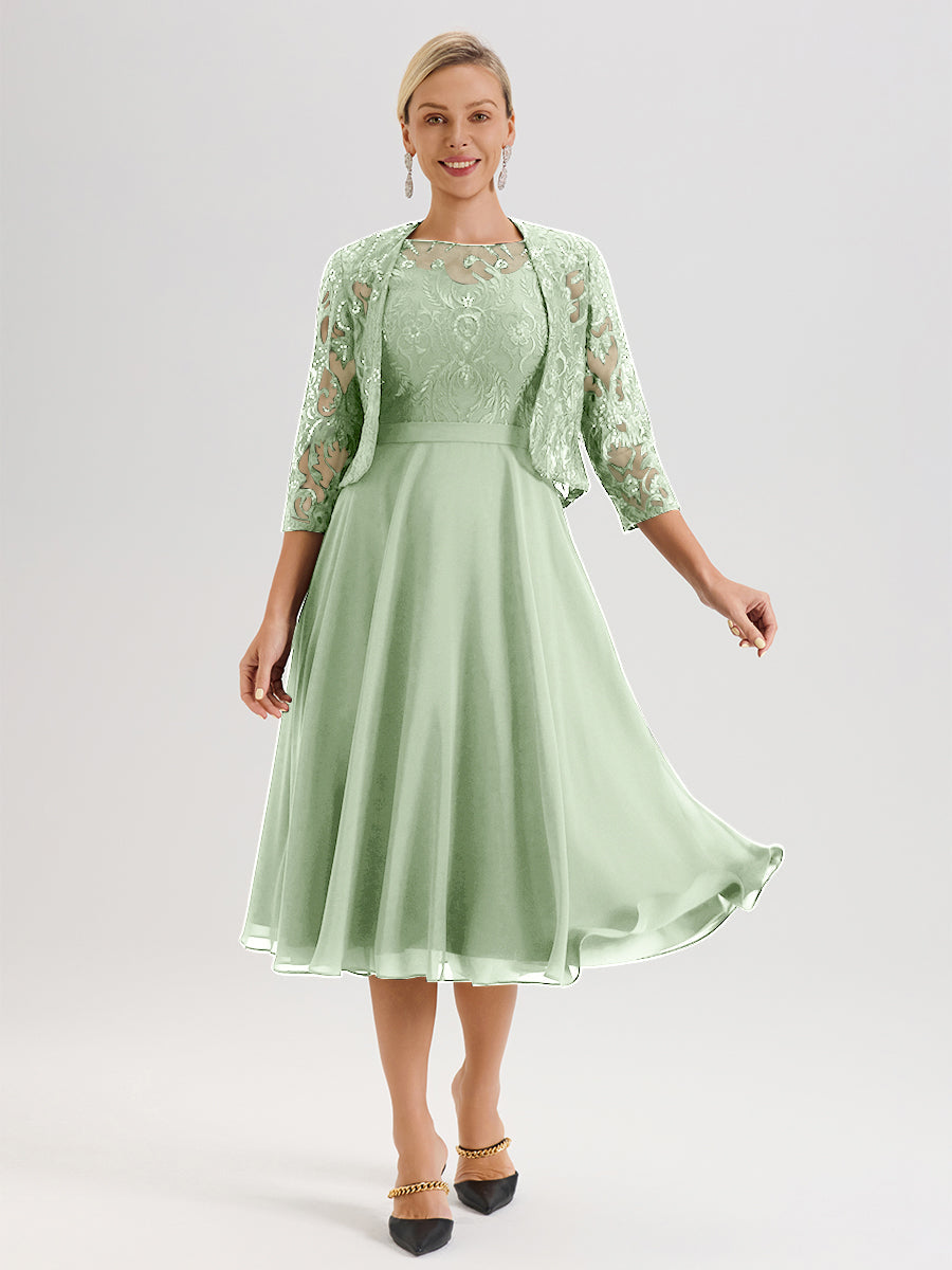 Cicinia Robe Deux-Pièces Mère De La Mariée De Sauge Poussiéreux Trapèze Mousseline Dentelle Col Rond Manche 3/4 Longueur Mi-Mollet