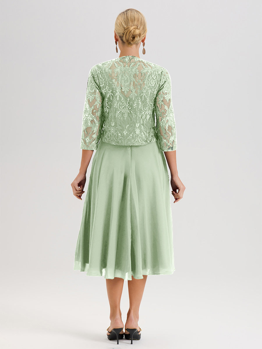 Cicinia Robe Deux-Pièces Mère De La Mariée De Sauge Poussiéreux Trapèze Mousseline Dentelle Col Rond Manche 3/4 Longueur Mi-Mollet
