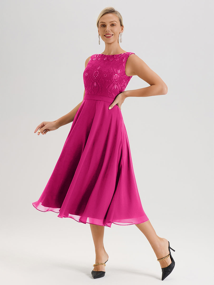 Cicinia Robe Deux-Pièces Mère De La Mariée Fuchsia Trapèze Mousseline Dentelle Col Rond Manche 3/4 Longueur Mi-Mollet