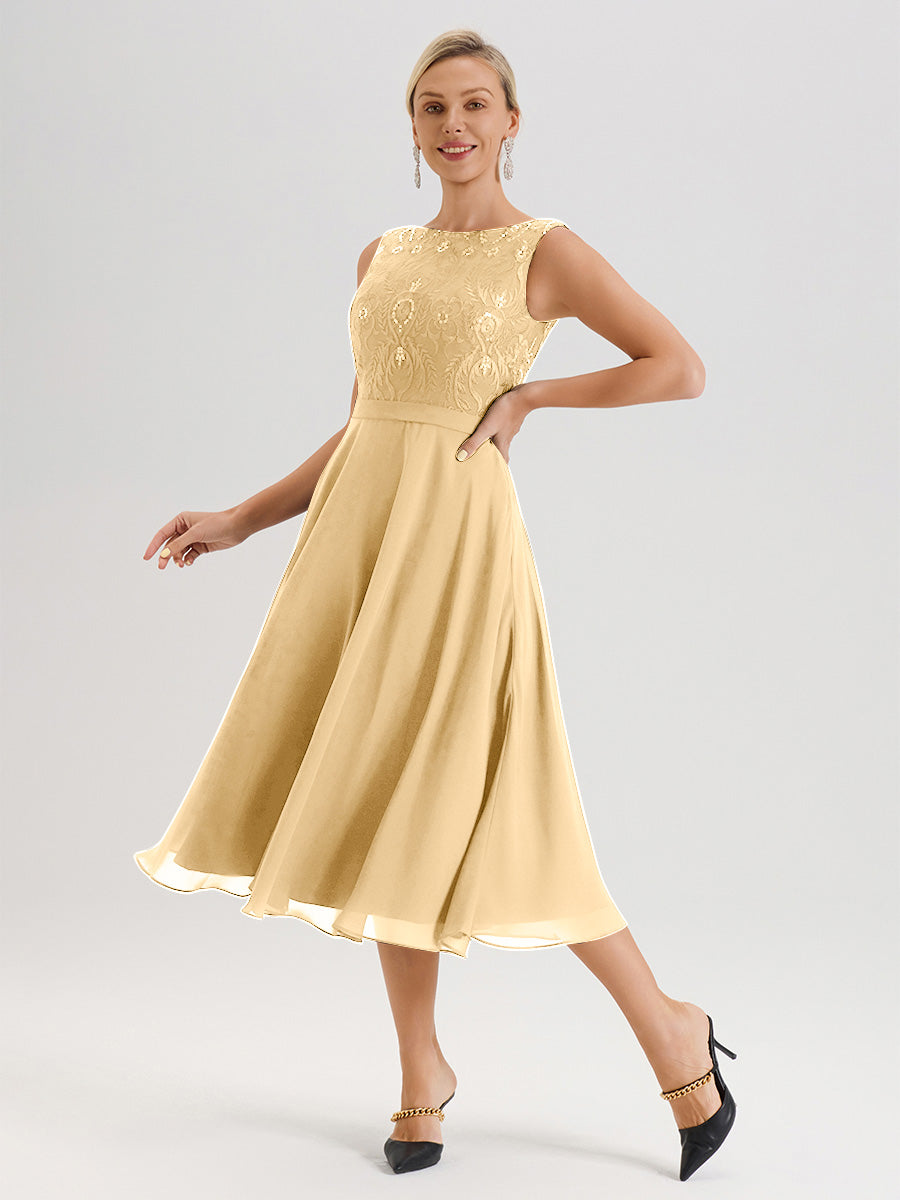 Cicinia Robe Deux-Pièces Mère De La Mariée Dorée Trapèze Mousseline Dentelle Col Rond Manche 3/4 Longueur Mi-Mollet