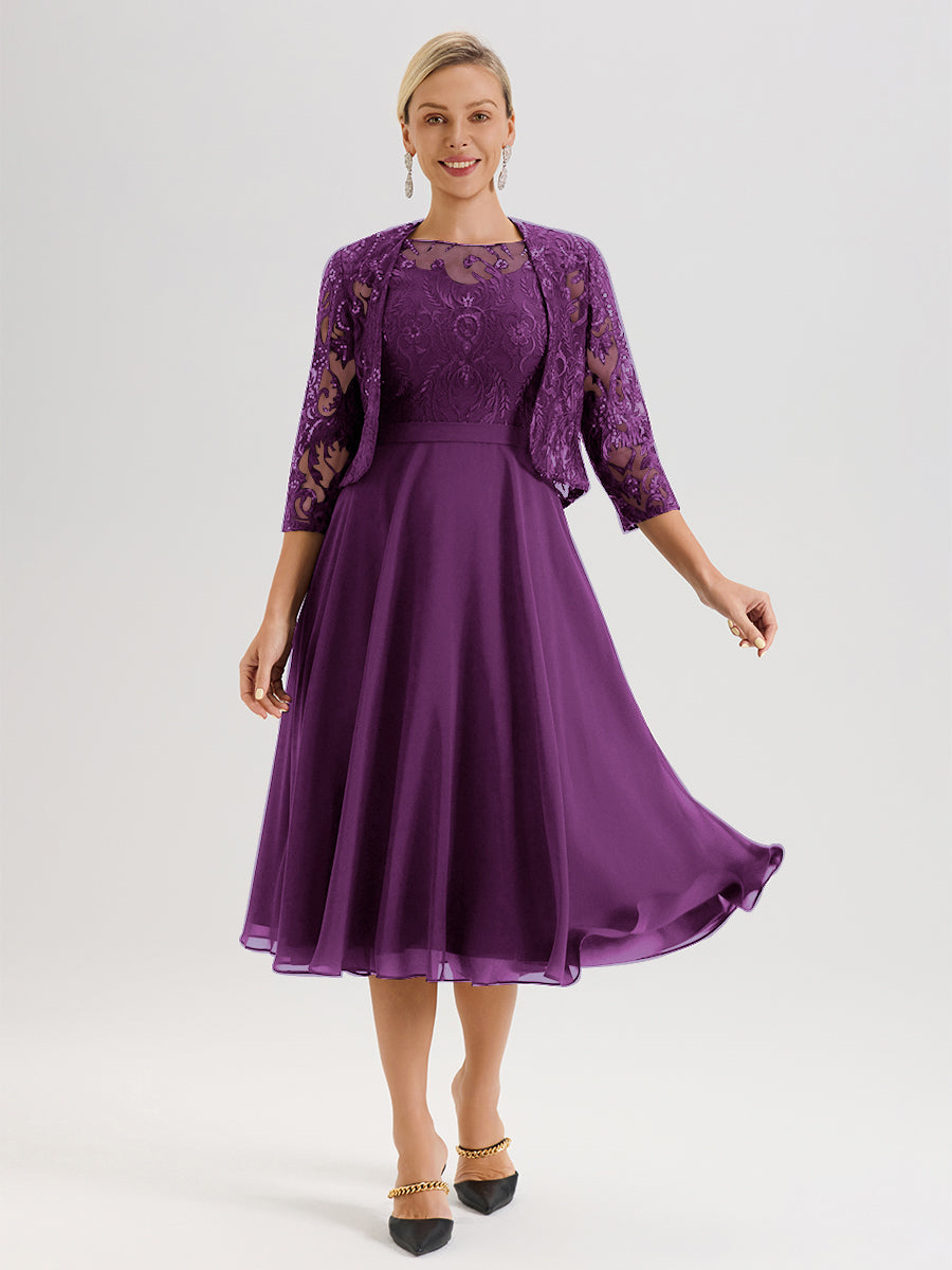 Cicinia Robe Deux-Pièces Mère De La Mariée En Raisin Trapèze Mousseline Dentelle Col Rond Manche 3/4 Longueur Mi-Mollet