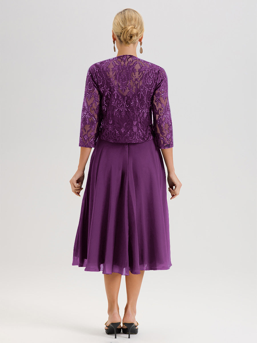 Cicinia Robe Deux-Pièces Mère De La Mariée En Raisin Trapèze Mousseline Dentelle Col Rond Manche 3/4 Longueur Mi-Mollet