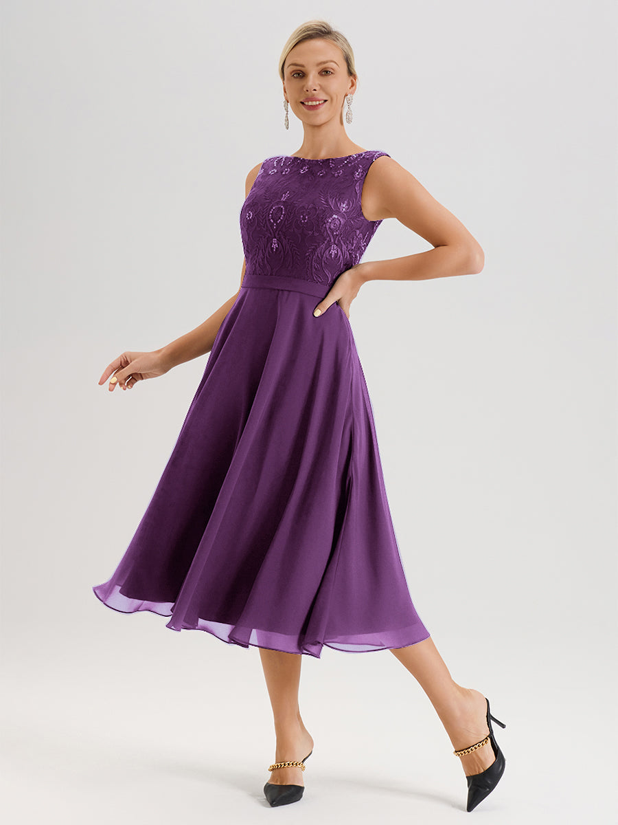 Cicinia Robe Deux-Pièces Mère De La Mariée En Raisin Trapèze Mousseline Dentelle Col Rond Manche 3/4 Longueur Mi-Mollet