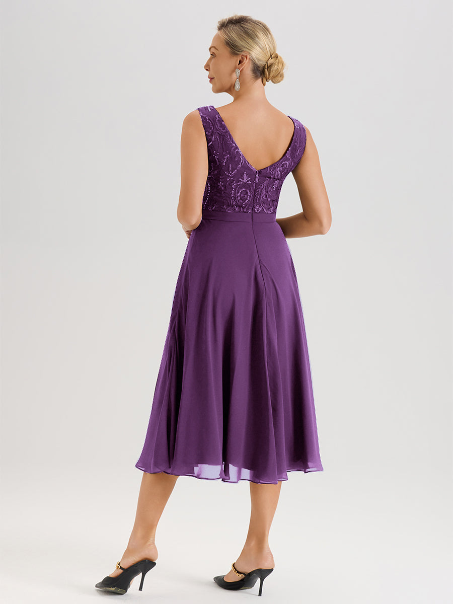 Cicinia Robe Deux-Pièces Mère De La Mariée En Raisin Trapèze Mousseline Dentelle Col Rond Manche 3/4 Longueur Mi-Mollet