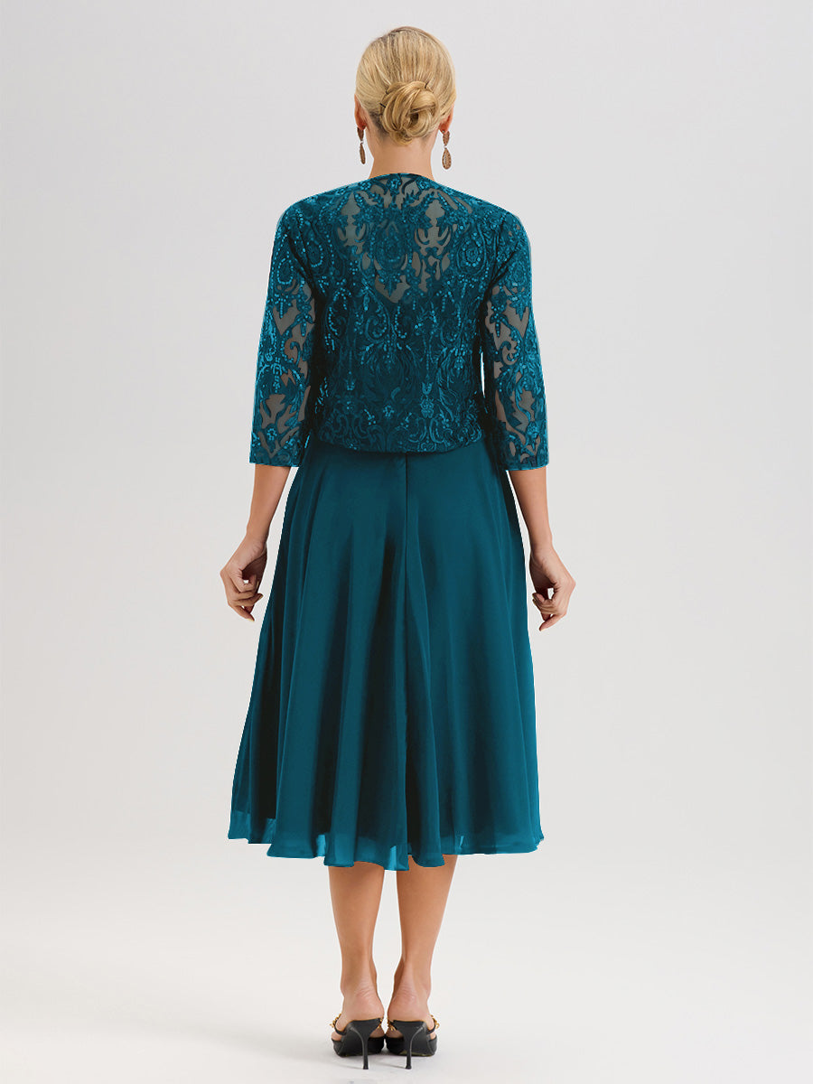 Cicinia Robe Deux-Pièces Mère De La Mariée Bleu Encre Trapèze Mousseline Dentelle Col Rond Manche 3/4 Longueur Mi-Mollet