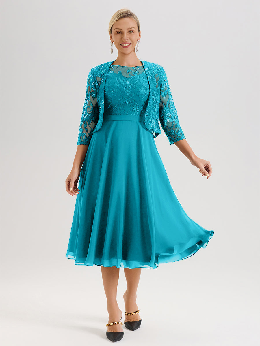 Cicinia Robe Deux-Pièces Mère De La Mariée Jade Trapèze Mousseline Dentelle Col Rond Manche 3/4 Longueur Mi-Mollet