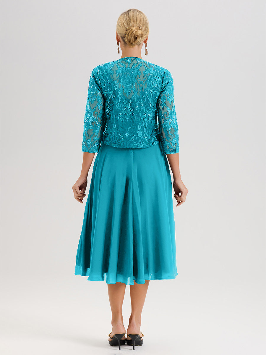 Cicinia Robe Deux-Pièces Mère De La Mariée Jade Trapèze Mousseline Dentelle Col Rond Manche 3/4 Longueur Mi-Mollet