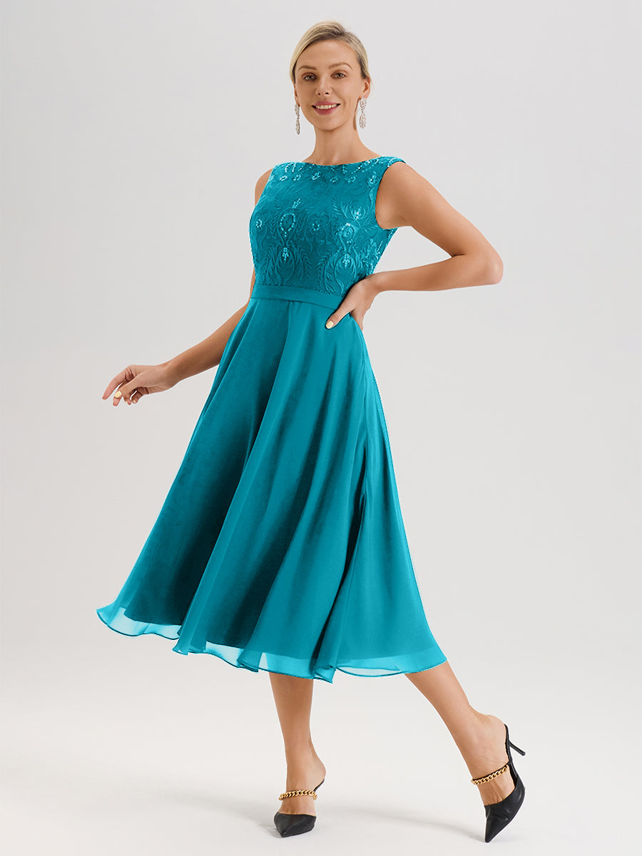 Cicinia Robe Deux-Pièces Mère De La Mariée Jade Trapèze Mousseline Dentelle Col Rond Manche 3/4 Longueur Mi-Mollet