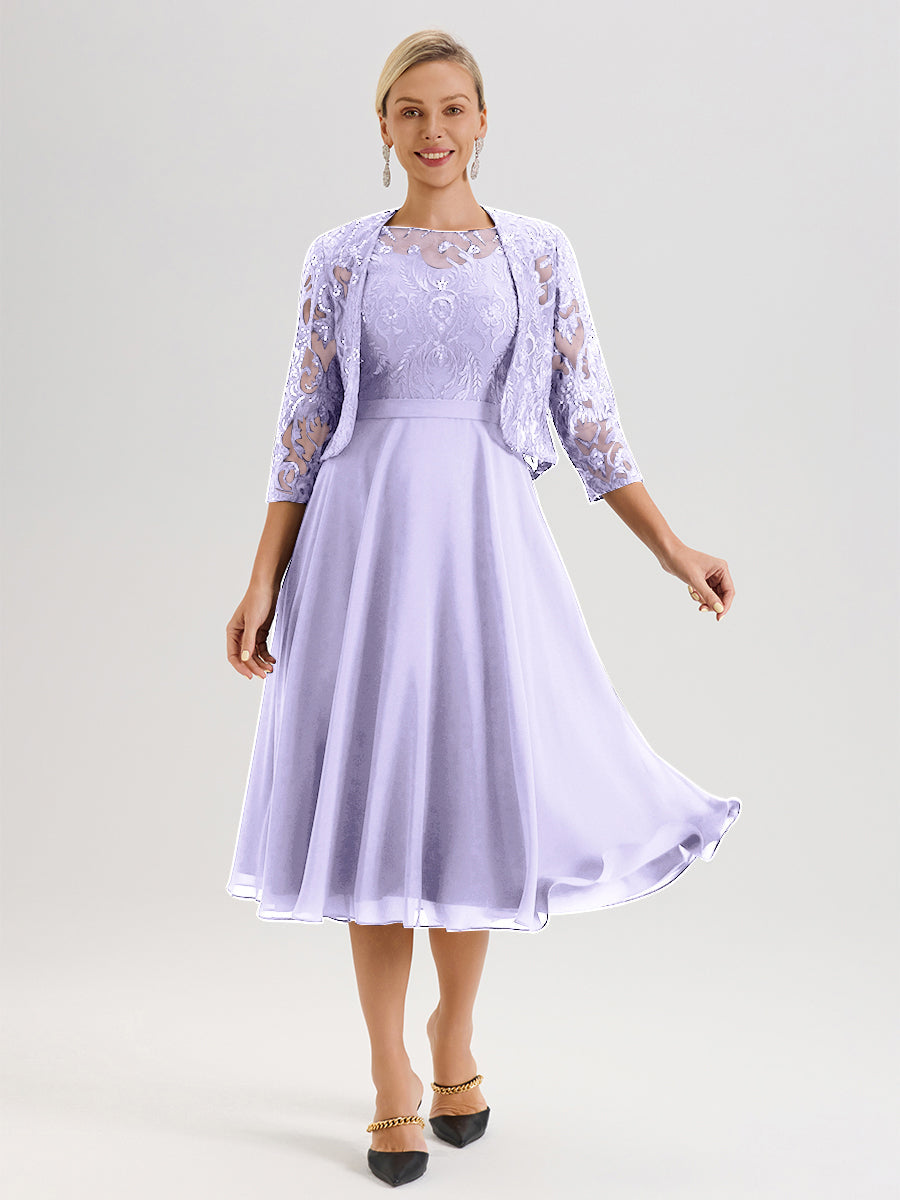 Cicinia Robe Deux-Pièces Mère De La Mariée Lilas Trapèze Mousseline Dentelle Col Rond Manche 3/4 Longueur Mi-Mollet