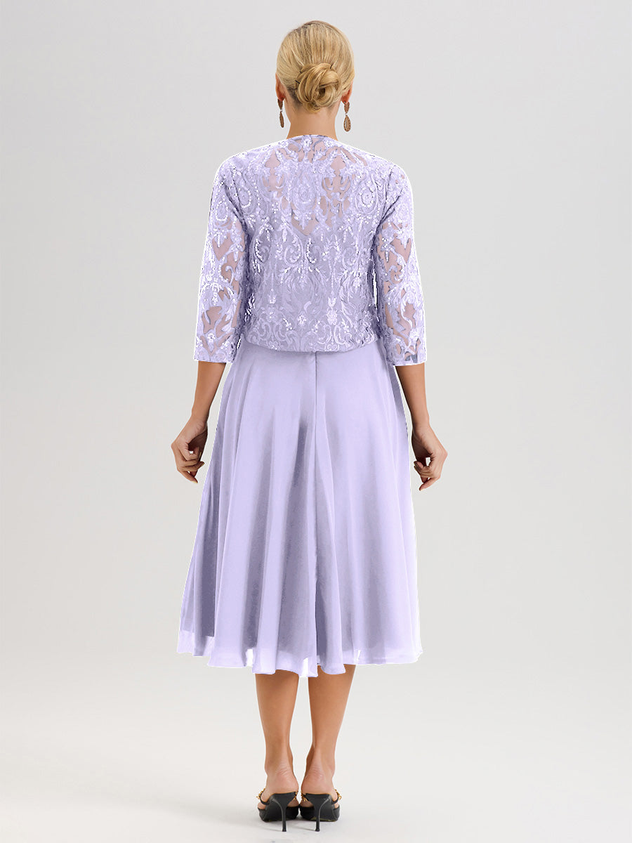 Cicinia Robe Deux-Pièces Mère De La Mariée Lilas Trapèze Mousseline Dentelle Col Rond Manche 3/4 Longueur Mi-Mollet