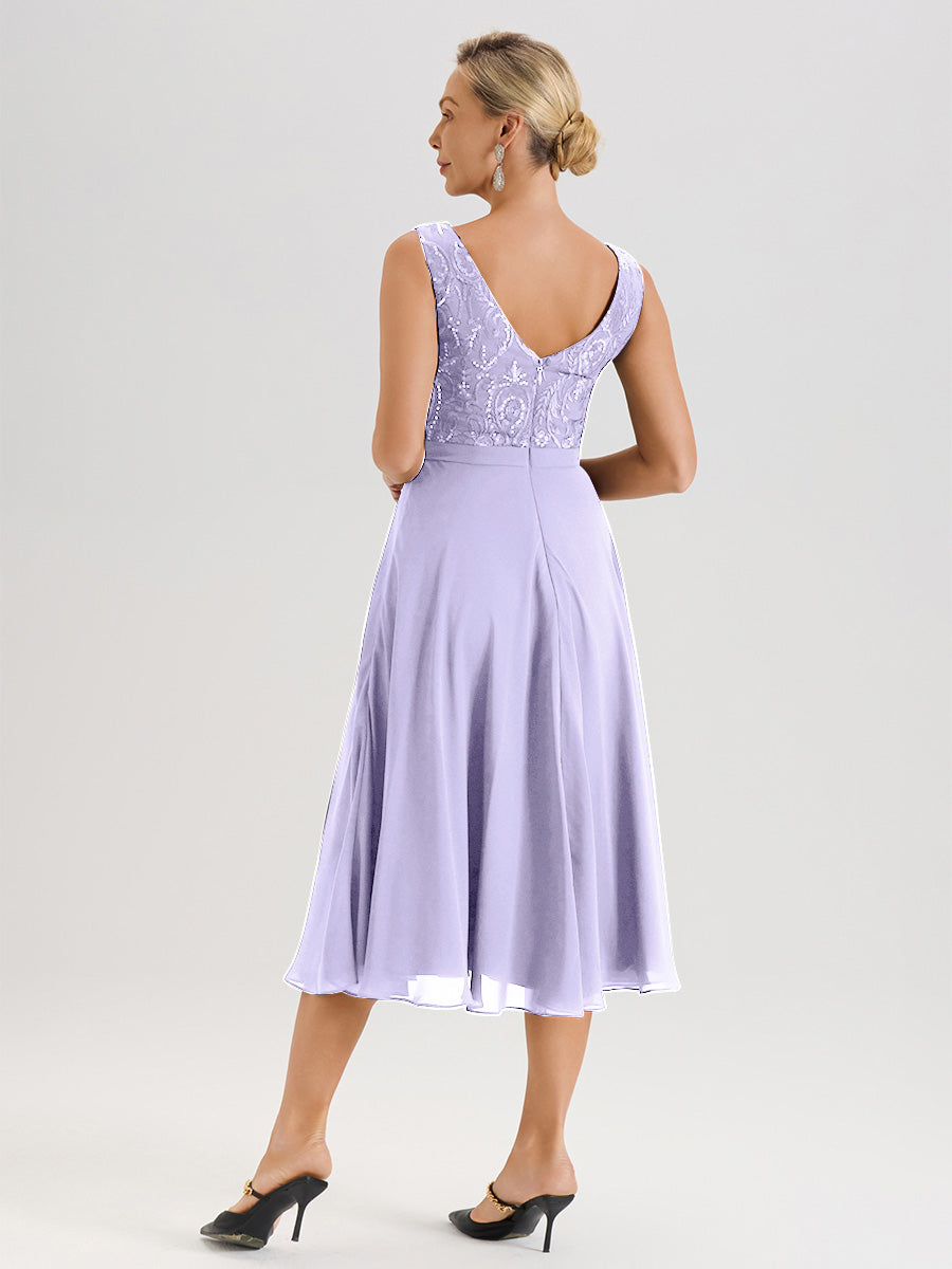 Cicinia Robe Deux-Pièces Mère De La Mariée Lilas Trapèze Mousseline Dentelle Col Rond Manche 3/4 Longueur Mi-Mollet