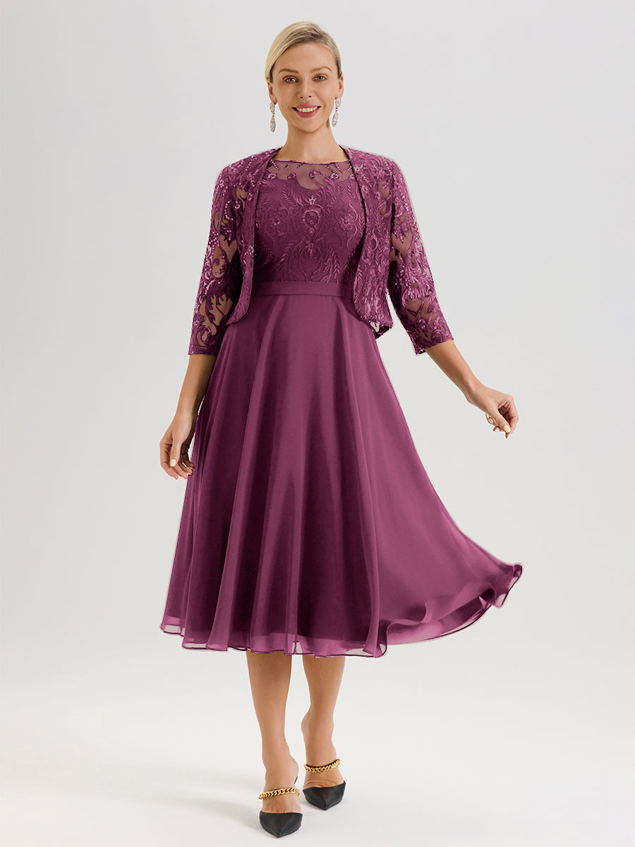 Cicinia Robe Deux-Pièces Mère De La Mariée Mûre Trapèze Mousseline Dentelle Col Rond Manche 3/4 Longueur Mi-Mollet