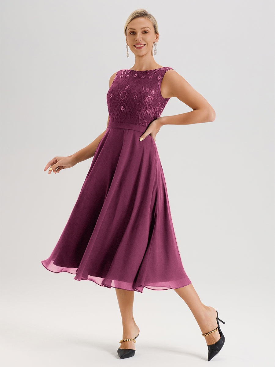 Cicinia Robe Deux-Pièces Mère De La Mariée Mûre Trapèze Mousseline Dentelle Col Rond Manche 3/4 Longueur Mi-Mollet