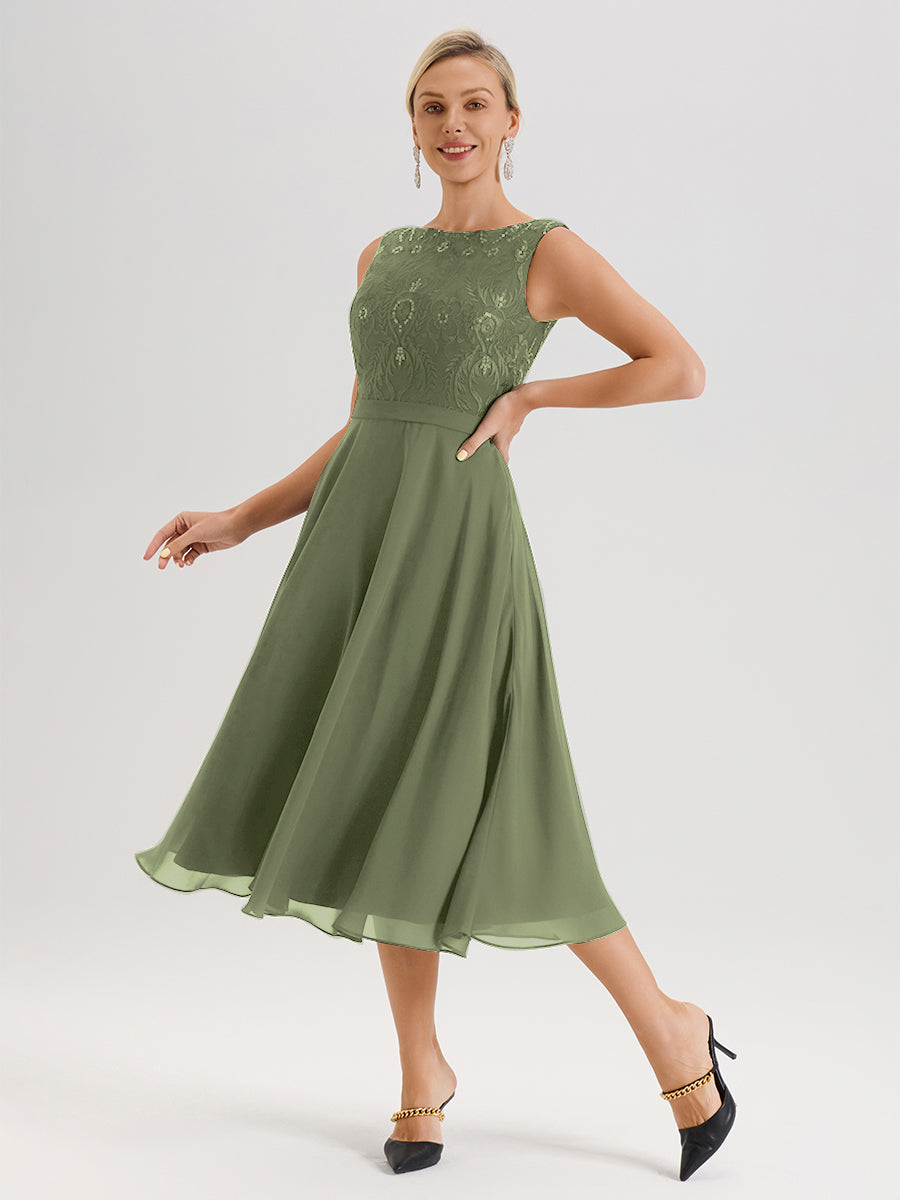 Cicinia Robe Deux-Pièces Mère De La Mariée Vert Olive Trapèze Mousseline Dentelle Col Rond Manche 3/4 Longueur Mi-Mollet