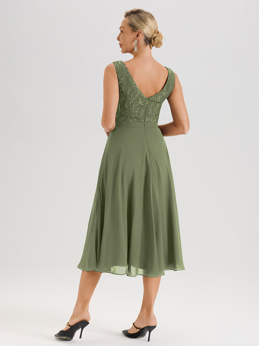 Cicinia Robe Deux-Pièces Mère De La Mariée Vert Olive Trapèze Mousseline Dentelle Col Rond Manche 3/4 Longueur Mi-Mollet