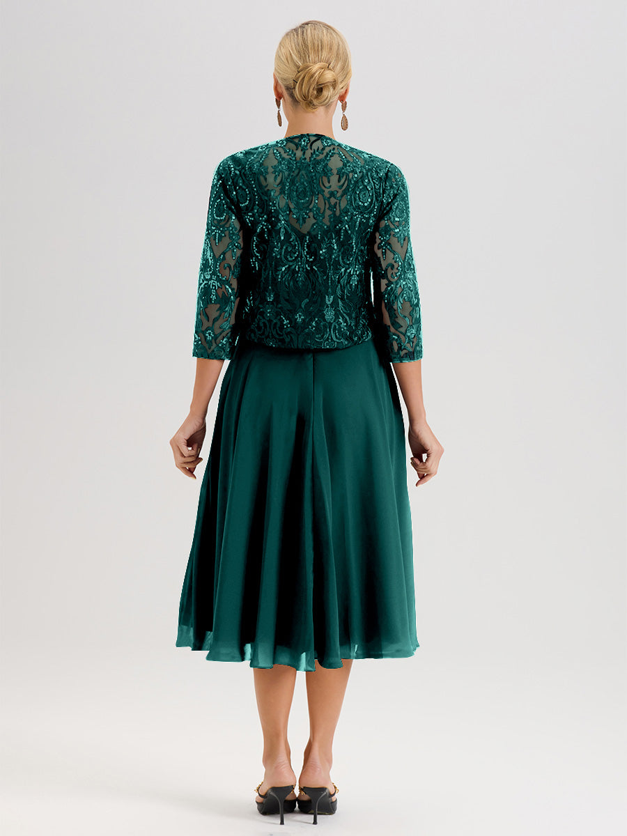 Cicinia Robe Deux-Pièces Mère De La Mariée Bleu Paon Trapèze Mousseline Dentelle Col Rond Manche 3/4 Longueur Mi-Mollet