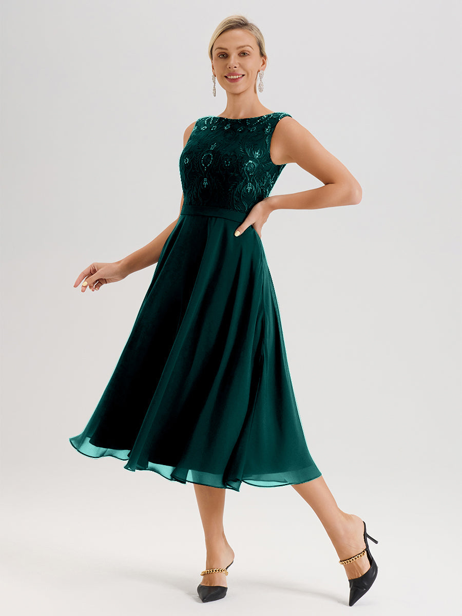 Cicinia Robe Deux-Pièces Mère De La Mariée Bleu Paon Trapèze Mousseline Dentelle Col Rond Manche 3/4 Longueur Mi-Mollet