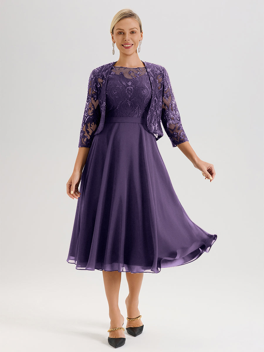 Cicinia Robe Deux-Pièces Mère De La Mariée Plum Trapèze Mousseline Dentelle Col Rond Manche 3/4 Longueur Mi-Mollet