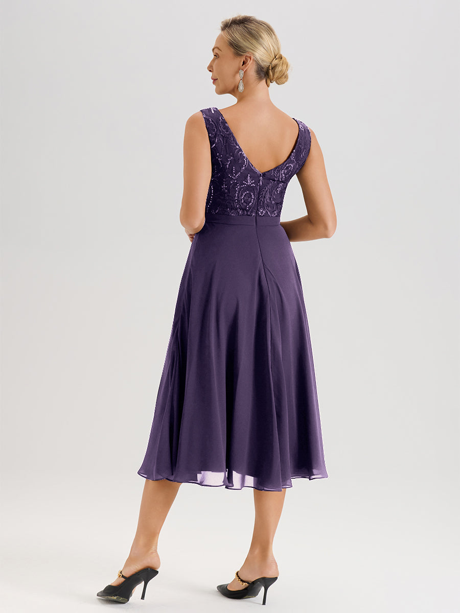 Cicinia Robe Deux-Pièces Mère De La Mariée Plum Trapèze Mousseline Dentelle Col Rond Manche 3/4 Longueur Mi-Mollet