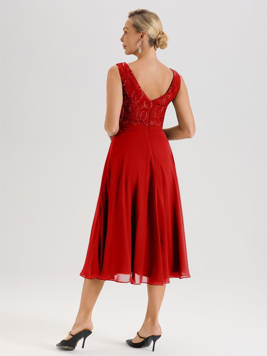 Cicinia Robe Deux-Pièces Mère De La Mariée Rouge Trapèze Mousseline Dentelle Col Rond Manche 3/4 Longueur Mi-Mollet