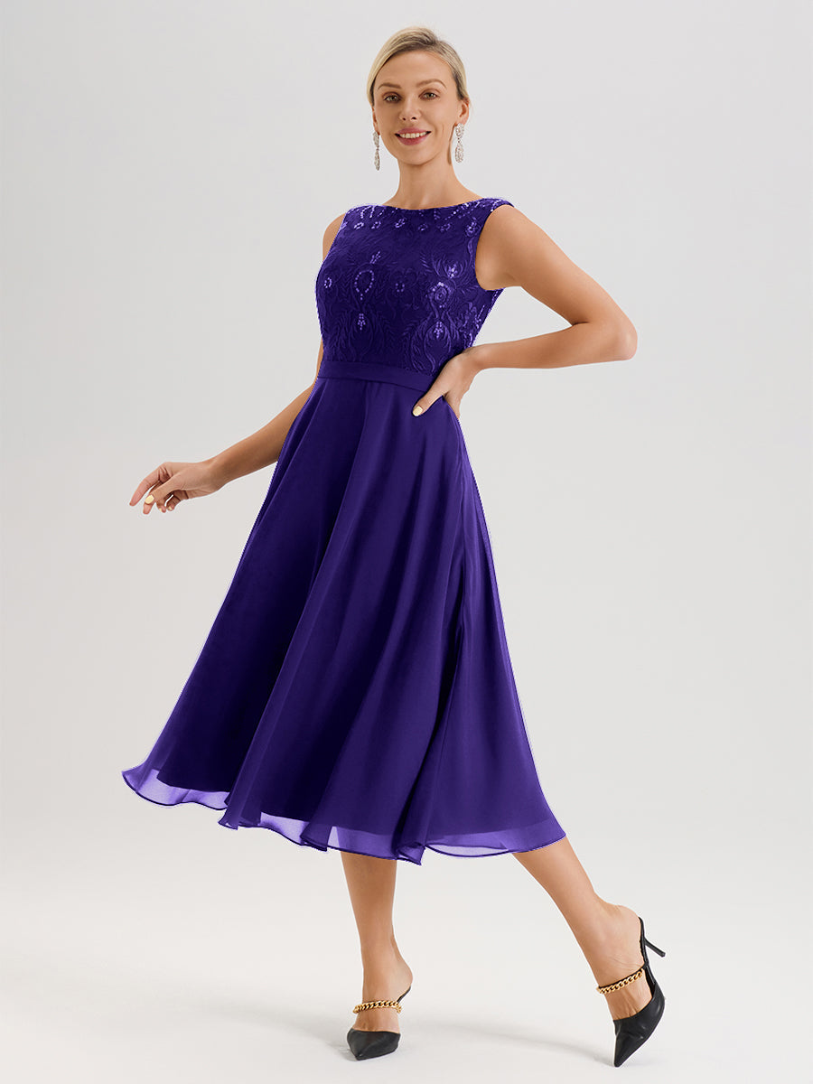 Cicinia Robe Deux-Pièces Mère De La Mariée En Régence Trapèze Mousseline Dentelle Col Rond Manche 3/4 Longueur Mi-Mollet