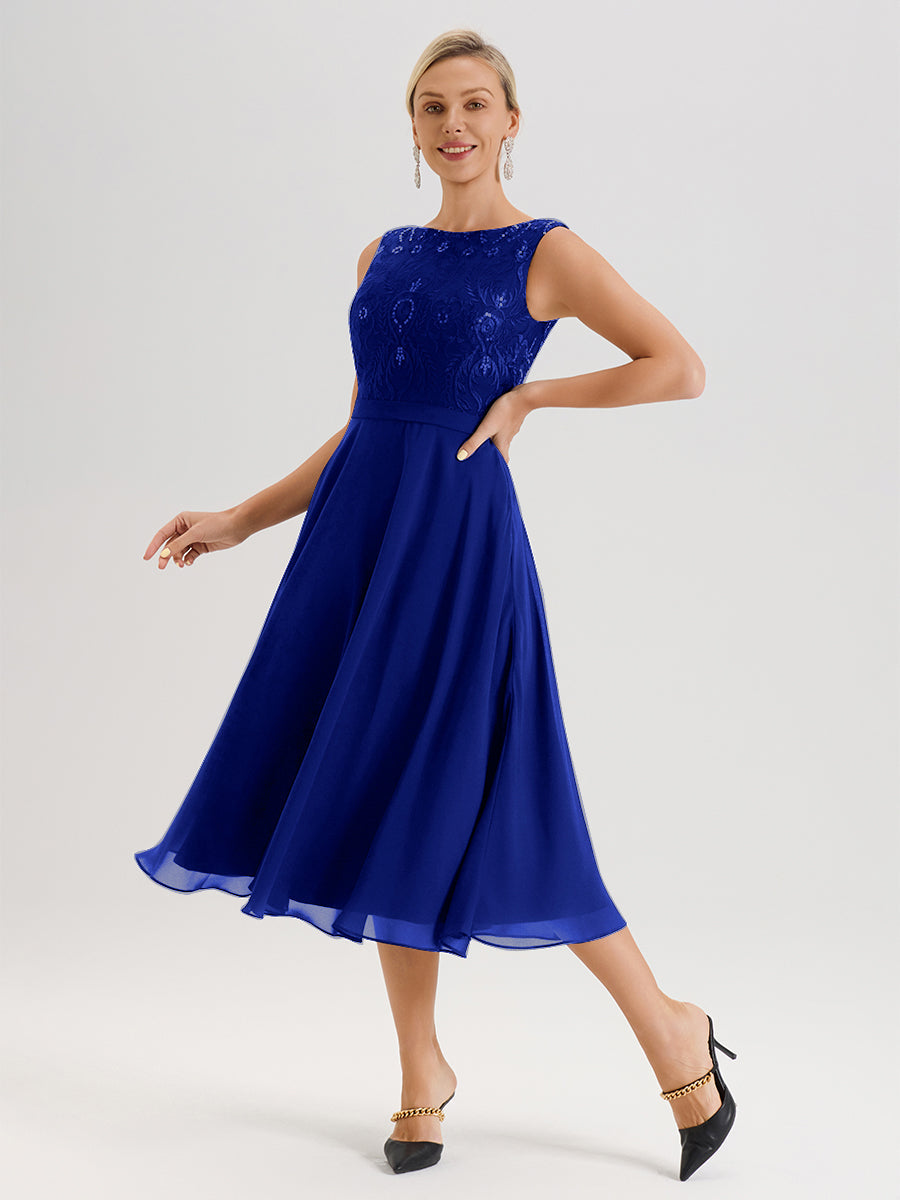 Cicinia Robe Deux-Pièces Mère De La Mariée Bleu Royal Trapèze Mousseline Dentelle Col Rond Manche 3/4 Longueur Mi-Mollet