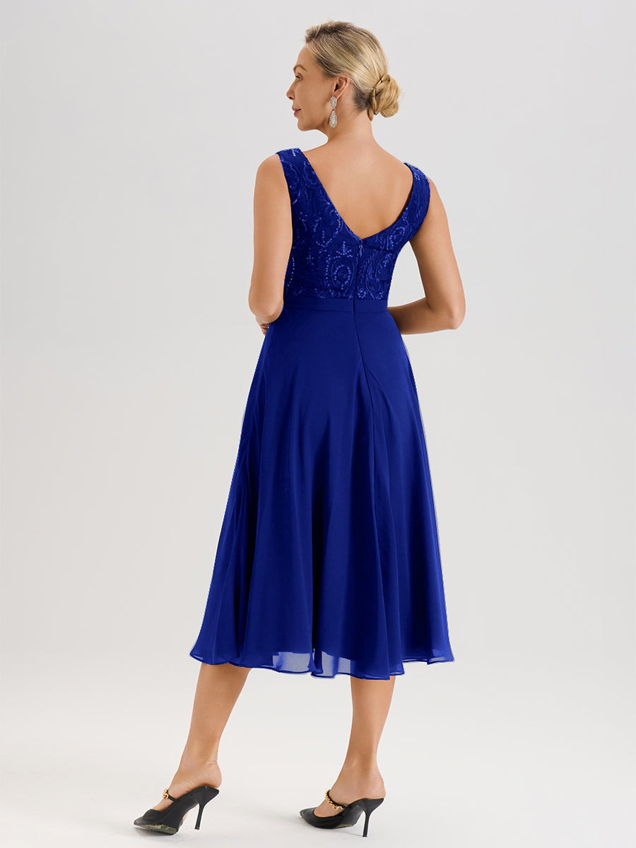 Cicinia Robe Deux-Pièces Mère De La Mariée Bleu Royal Trapèze Mousseline Dentelle Col Rond Manche 3/4 Longueur Mi-Mollet