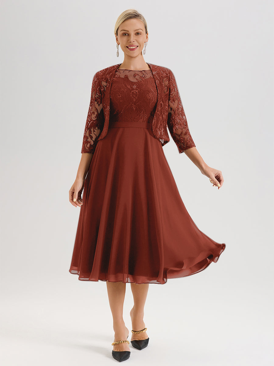 Cicinia Robe Deux-Pièces Mère De La Mariée Rouille Trapèze Mousseline Dentelle Col Rond Manche 3/4 Longueur Mi-Mollet