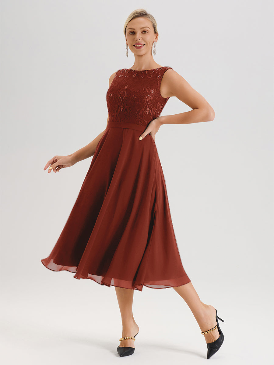 Cicinia Robe Deux-Pièces Mère De La Mariée Rouille Trapèze Mousseline Dentelle Col Rond Manche 3/4 Longueur Mi-Mollet