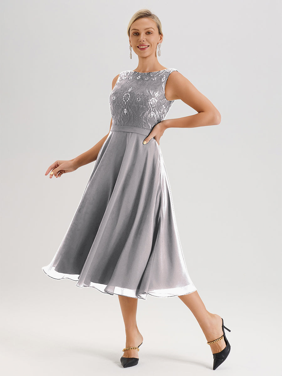 Cicinia Robe Deux-Pièces Mère De La Mariée Argenté Trapèze Mousseline Dentelle Col Rond Manche 3/4 Longueur Mi-Mollet