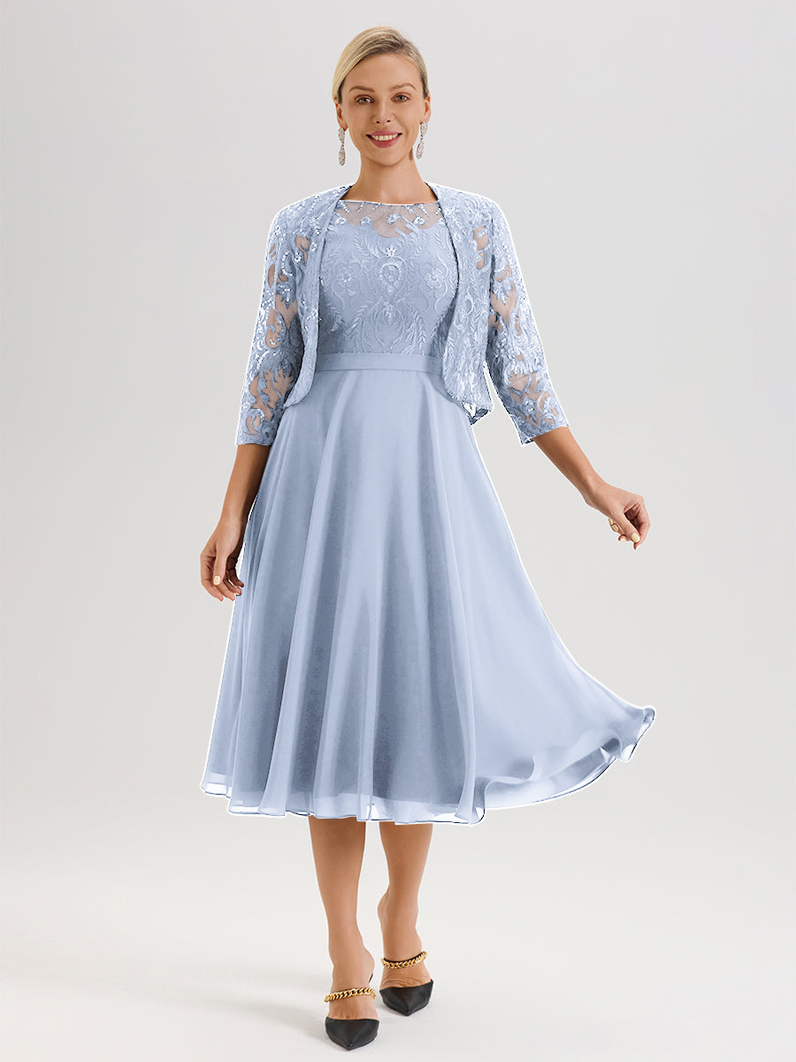 Cicinia Robe Deux-Pièces Mère De La Mariée Bleu Ciel Trapèze Mousseline Dentelle Col Rond Manche 3/4 Longueur Mi-Mollet