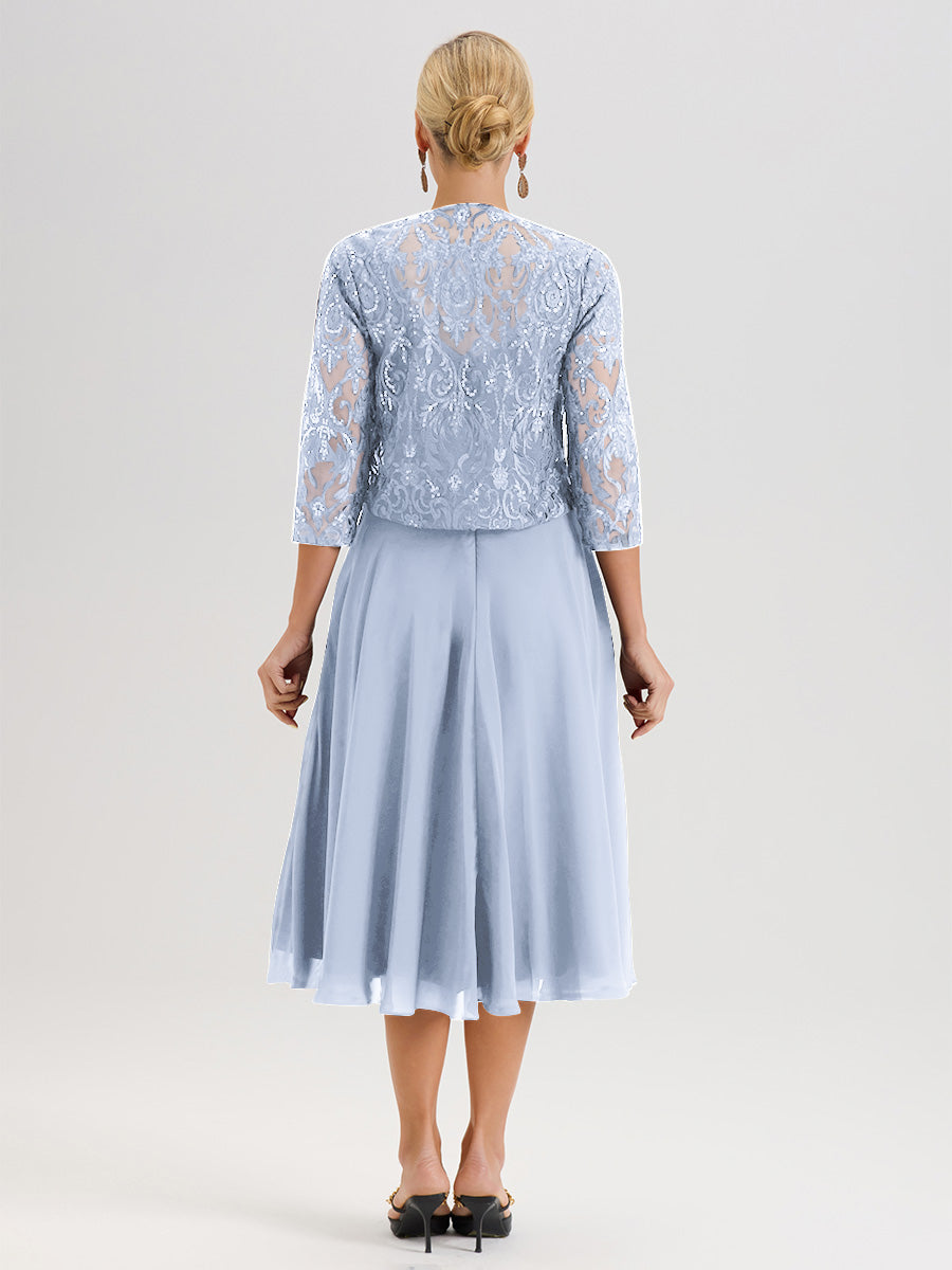 Cicinia Robe Deux-Pièces Mère De La Mariée Bleu Ciel Trapèze Mousseline Dentelle Col Rond Manche 3/4 Longueur Mi-Mollet