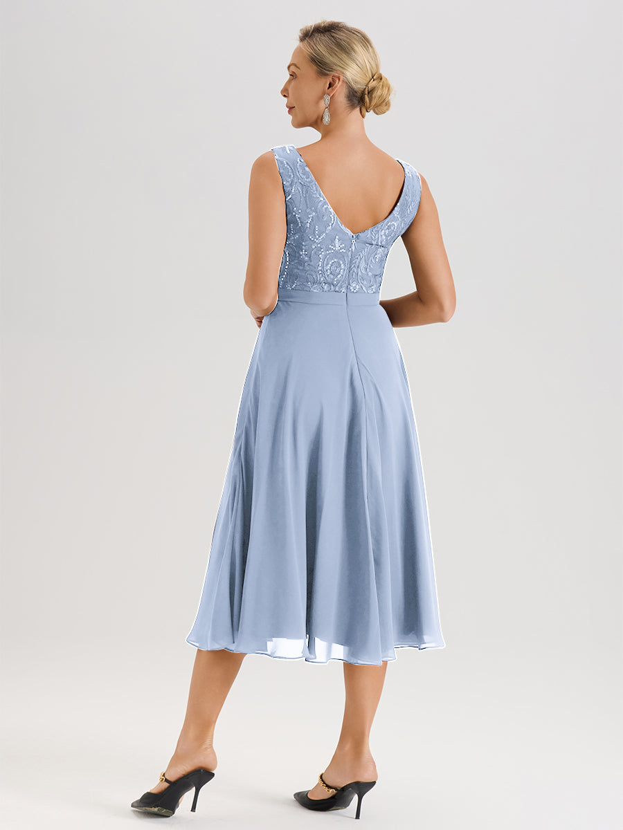Cicinia Robe Deux-Pièces Mère De La Mariée Bleu Ciel Trapèze Mousseline Dentelle Col Rond Manche 3/4 Longueur Mi-Mollet