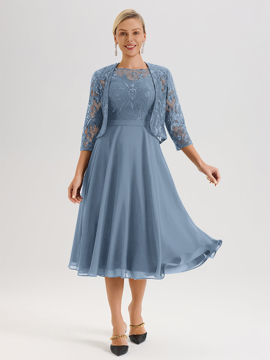 Cicinia Robe Deux-Pièces Mère De La Mariée Bleu De Schiste Trapèze Mousseline Dentelle Col Rond Manche 3/4 Longueur Mi-Mollet