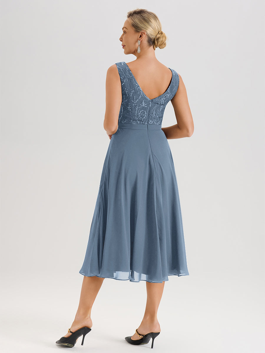 Cicinia Robe Deux-Pièces Mère De La Mariée Bleu De Schiste Trapèze Mousseline Dentelle Col Rond Manche 3/4 Longueur Mi-Mollet