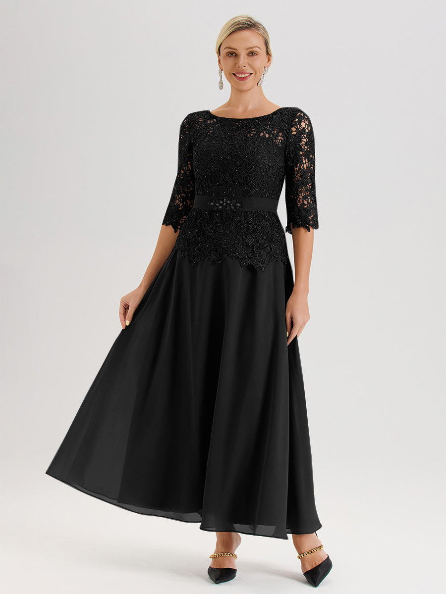 Cicinia Robe Mère De La Mariée Noir Longueur À La Cheville Col Rond Demi Manche En Mousseline Dentelle Trapèze