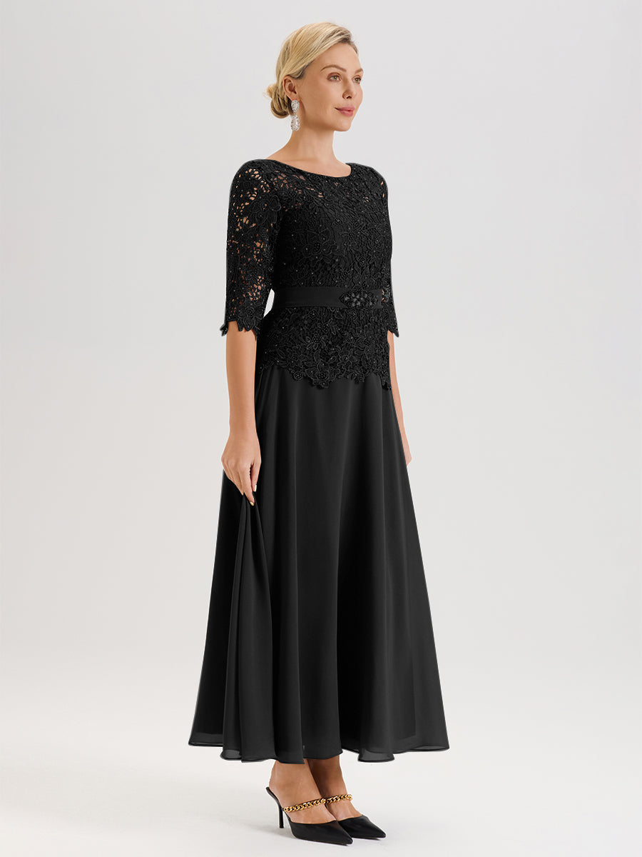 Cicinia Robe Mère De La Mariée Noir Longueur À La Cheville Col Rond Demi Manche En Mousseline Dentelle Trapèze