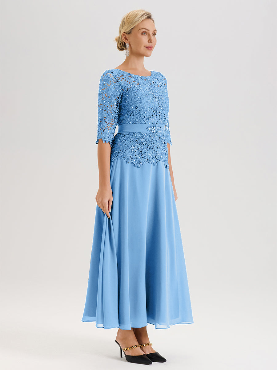 Cicinia Robe Mère De La Mariée Bleu Longueur À La Cheville Col Rond Demi Manche En Mousseline Dentelle Trapèze