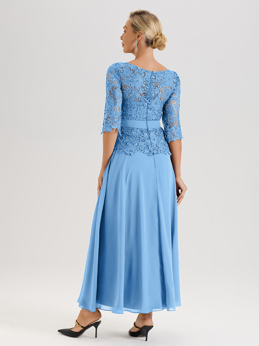 Cicinia Robe Mère De La Mariée Bleu Longueur À La Cheville Col Rond Demi Manche En Mousseline Dentelle Trapèze