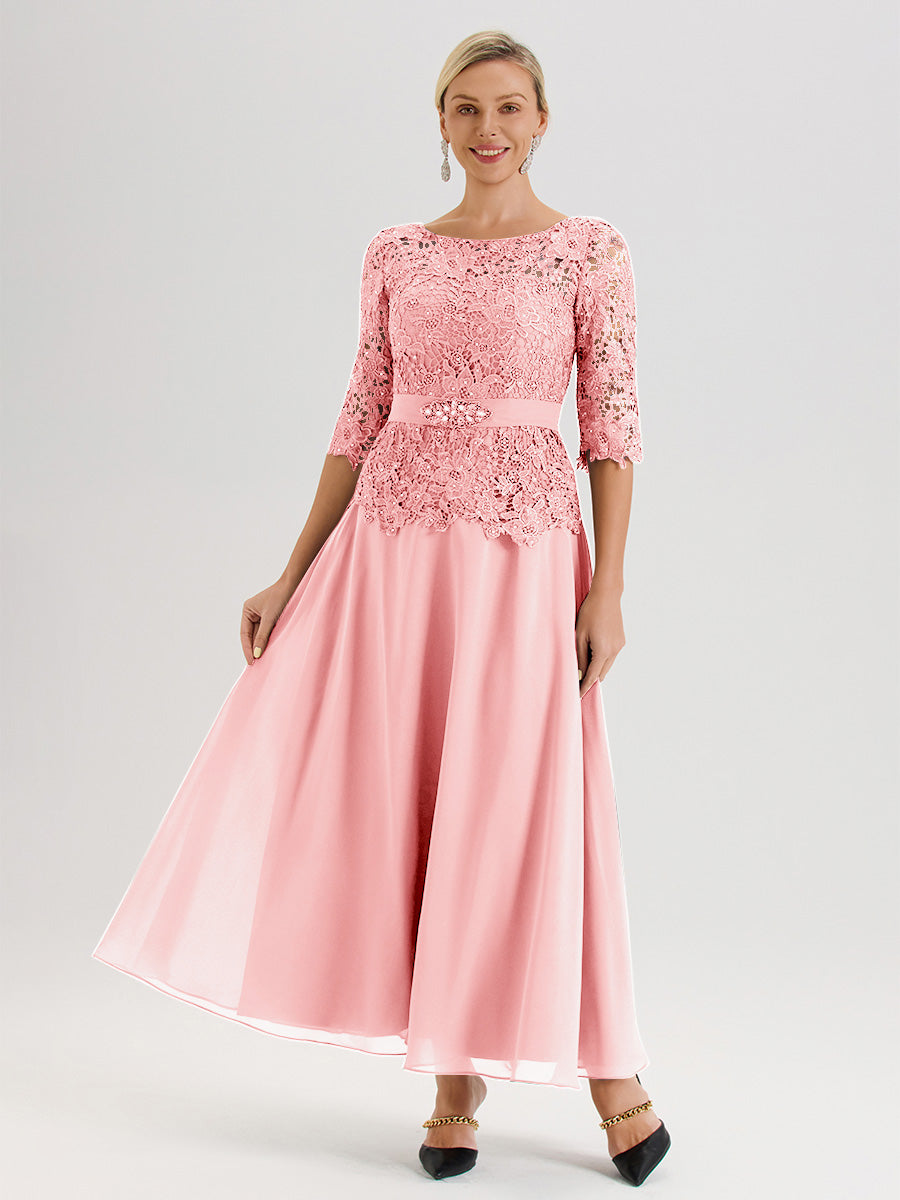 Cicinia Robe Mère De La Mariée Rose Doux Longueur À La Cheville Col Rond Demi Manche En Mousseline Dentelle Trapèze