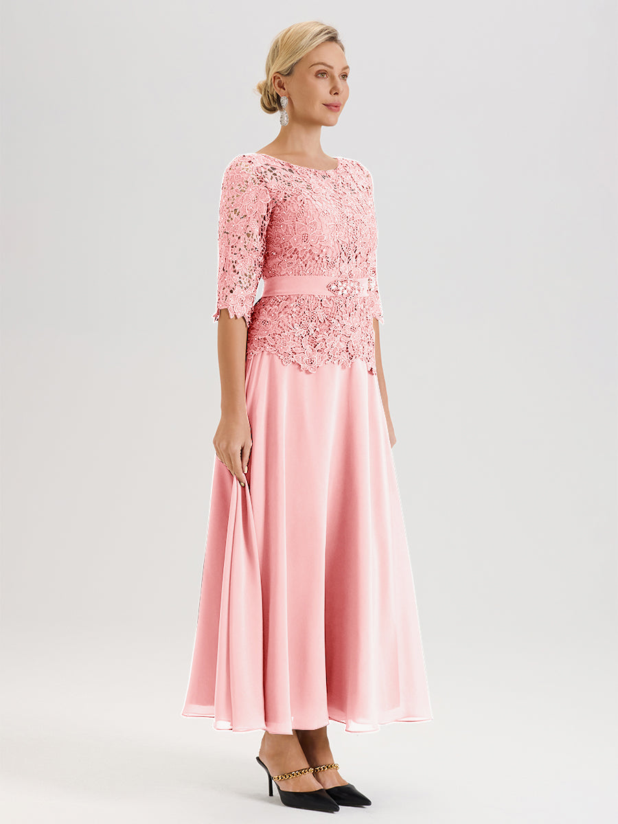 Cicinia Robe Mère De La Mariée Rose Doux Longueur À La Cheville Col Rond Demi Manche En Mousseline Dentelle Trapèze