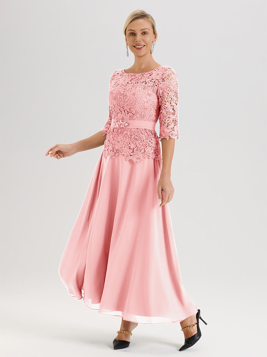 Cicinia Robe Mère De La Mariée Rose Doux Longueur À La Cheville Col Rond Demi Manche En Mousseline Dentelle Trapèze